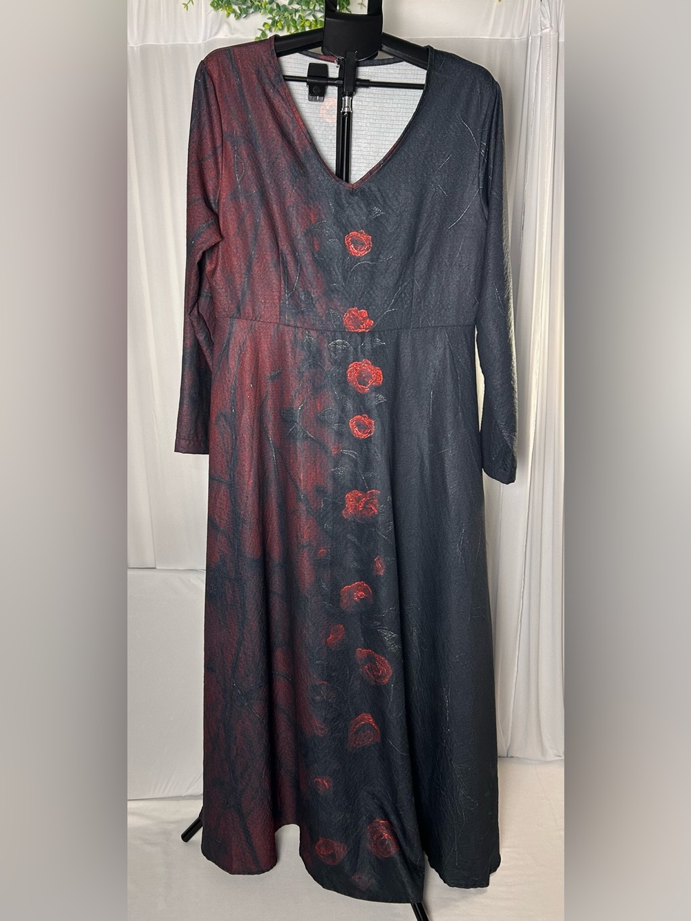Black Maxi Dress with Red Floral Detail - V-Neck Long Sleeve